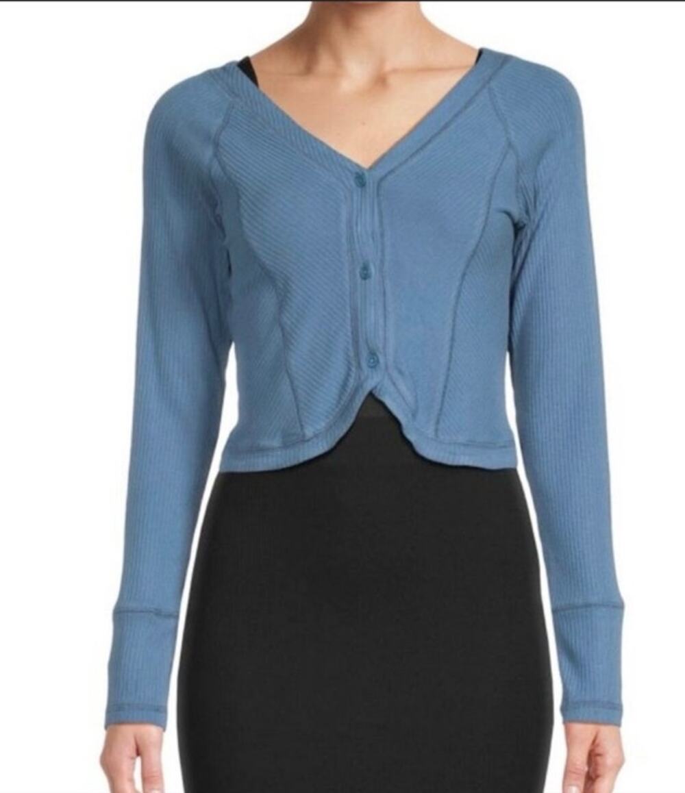 Area Stars Blue Ribbed Tulip Hem Crop Cardigan - S